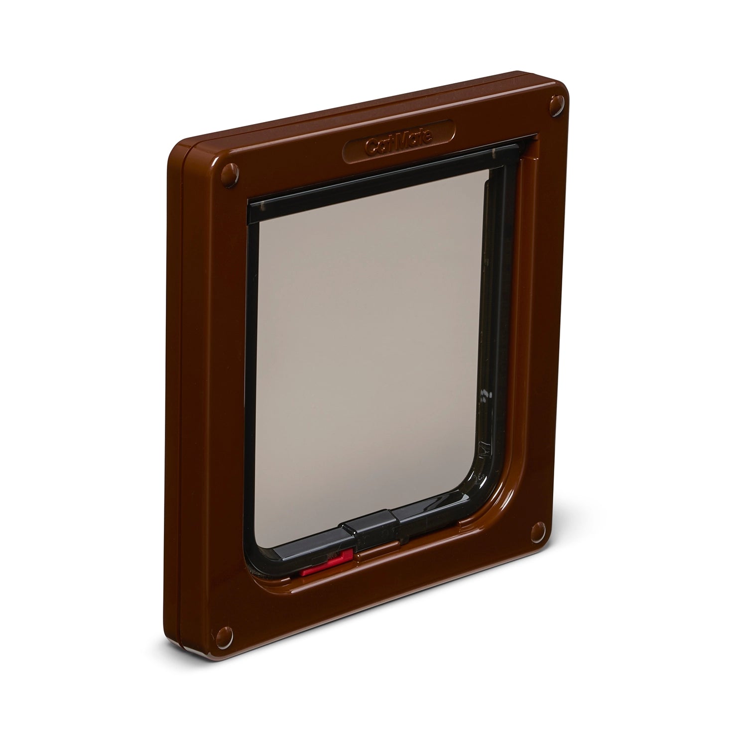 Brown pet door for installing into a thin panel UPVC /metal door with a clear flap on a white background. 