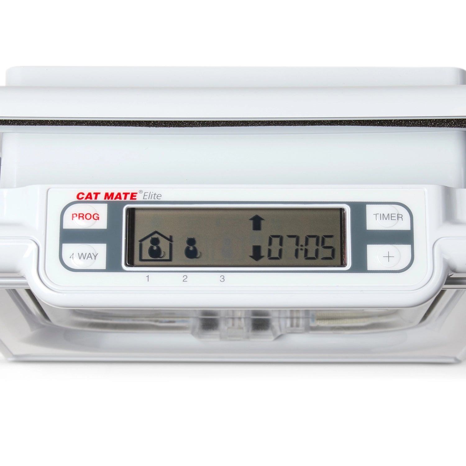 Digital pet door control panel with display and buttons on a white background