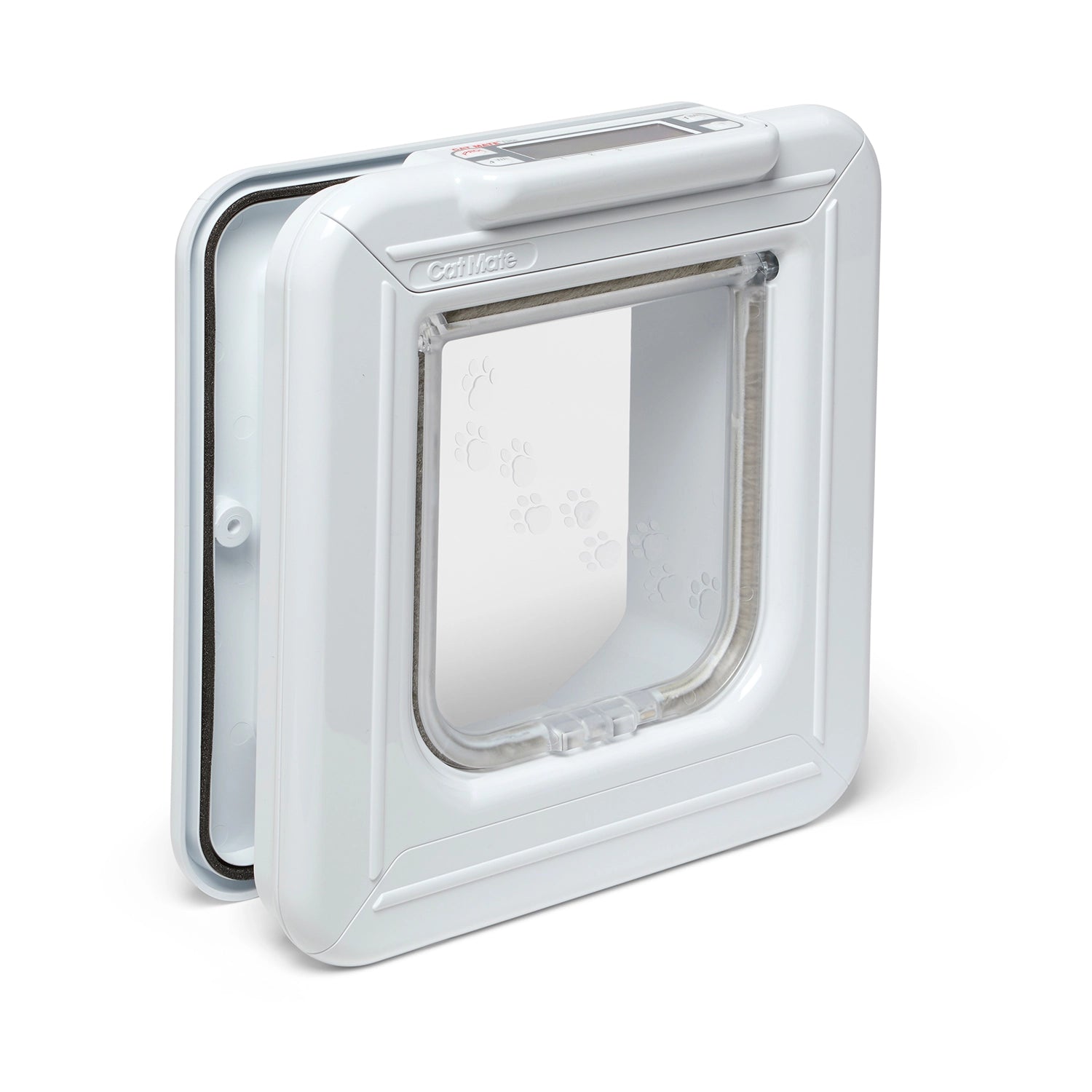 Electromagnetic white pet door for average size cats with a clear flap on a white background