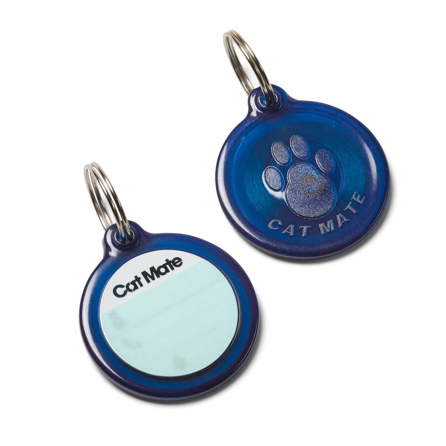 Two blue pet tags with paw print and text on a white background