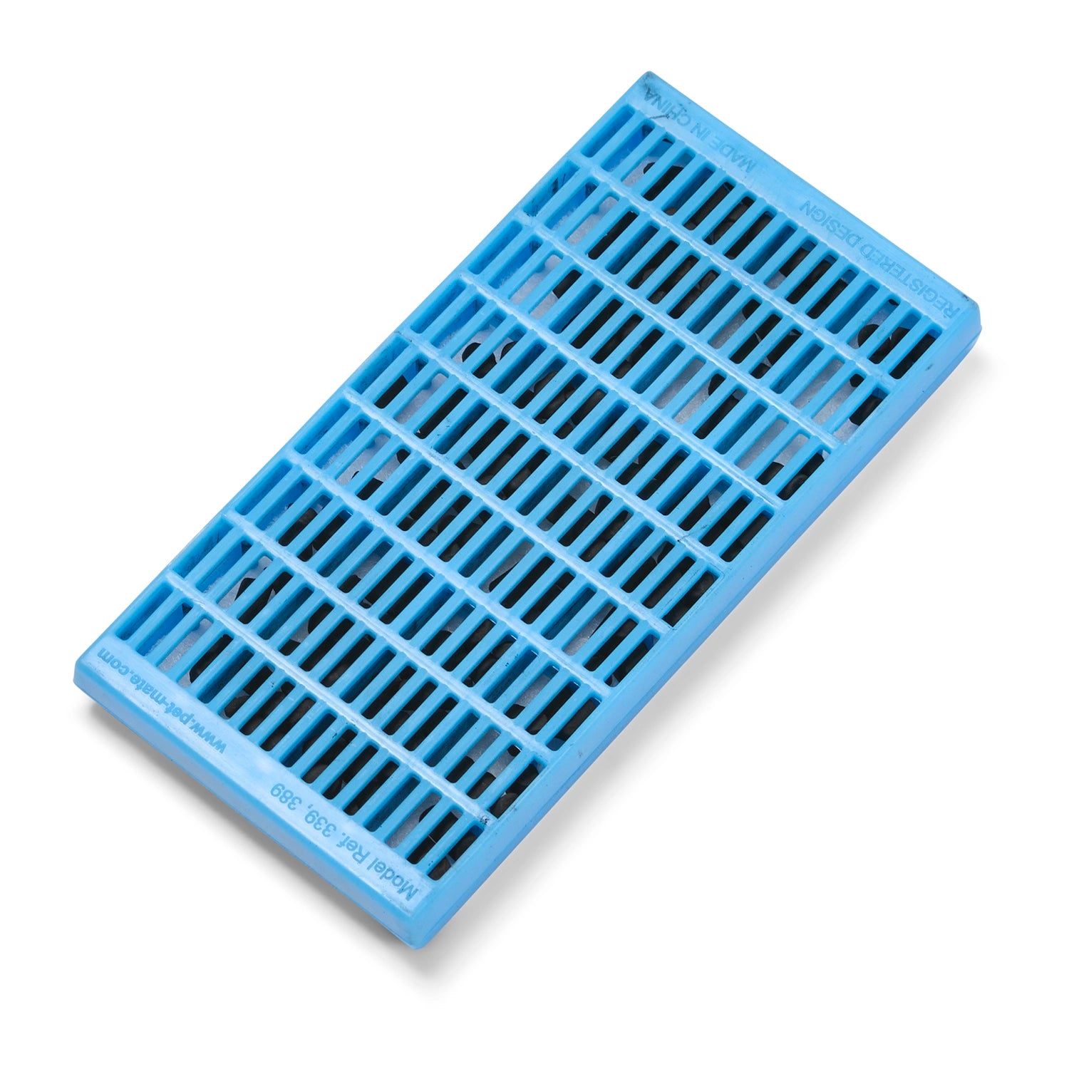 The rear view of the blue plastic case for a replacement filter on a white background