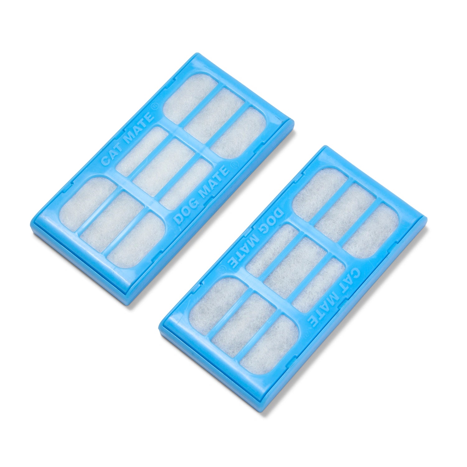 Two blue filter packs for a Cat Mate / Dog Mate fountain on a white background. 
