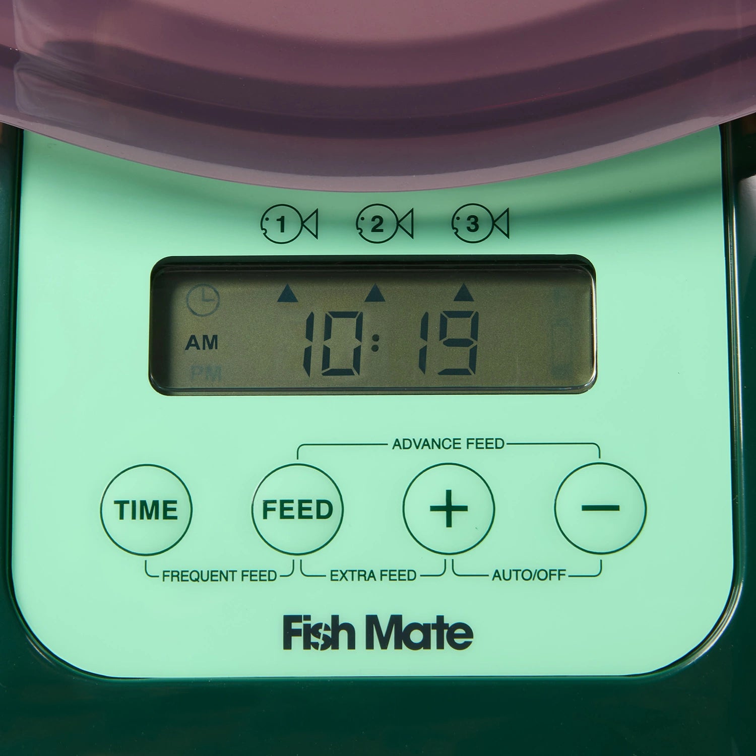 Digital timer control panel of a Fish Mate  automatic feeder in green which is suitable for pond fish. 