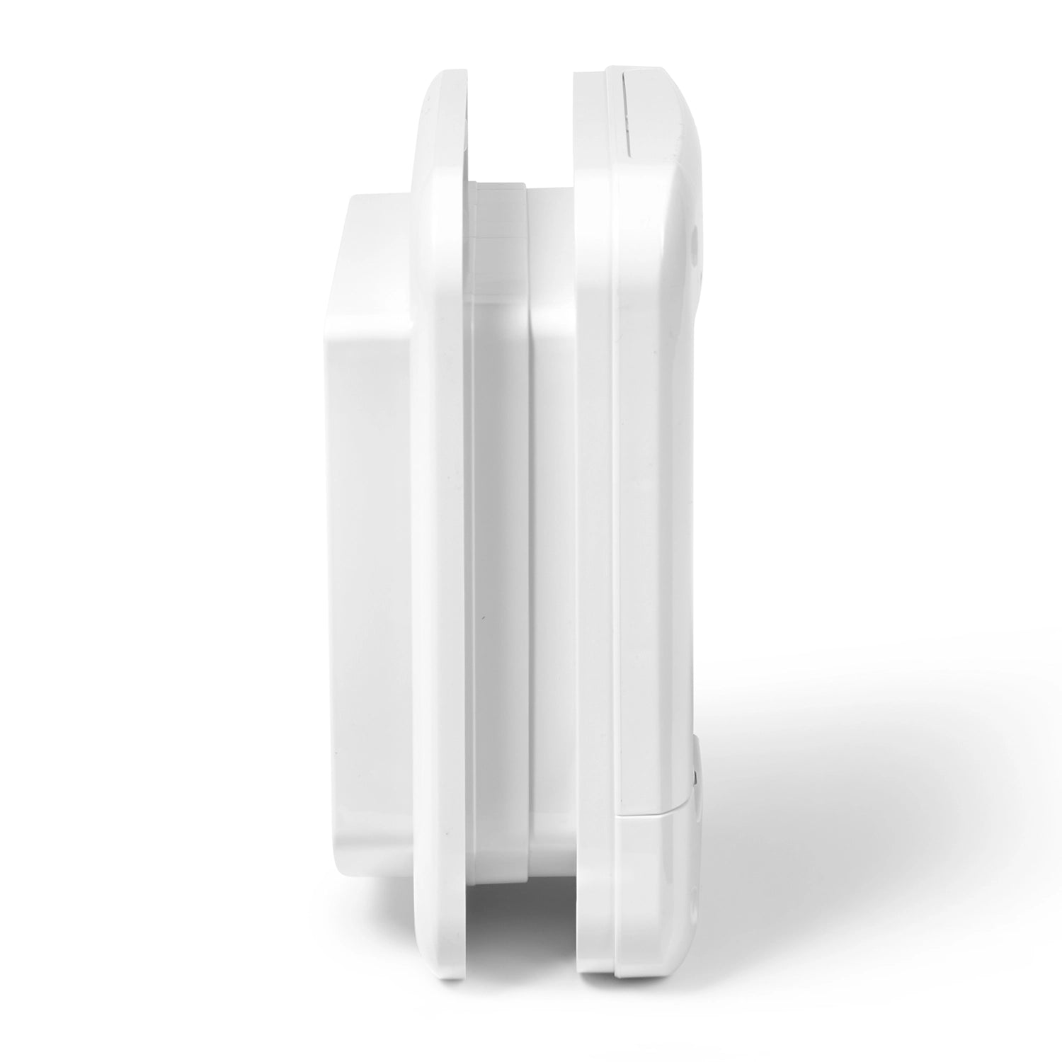 A side view of the white microchip activated cat flap on a white background. 