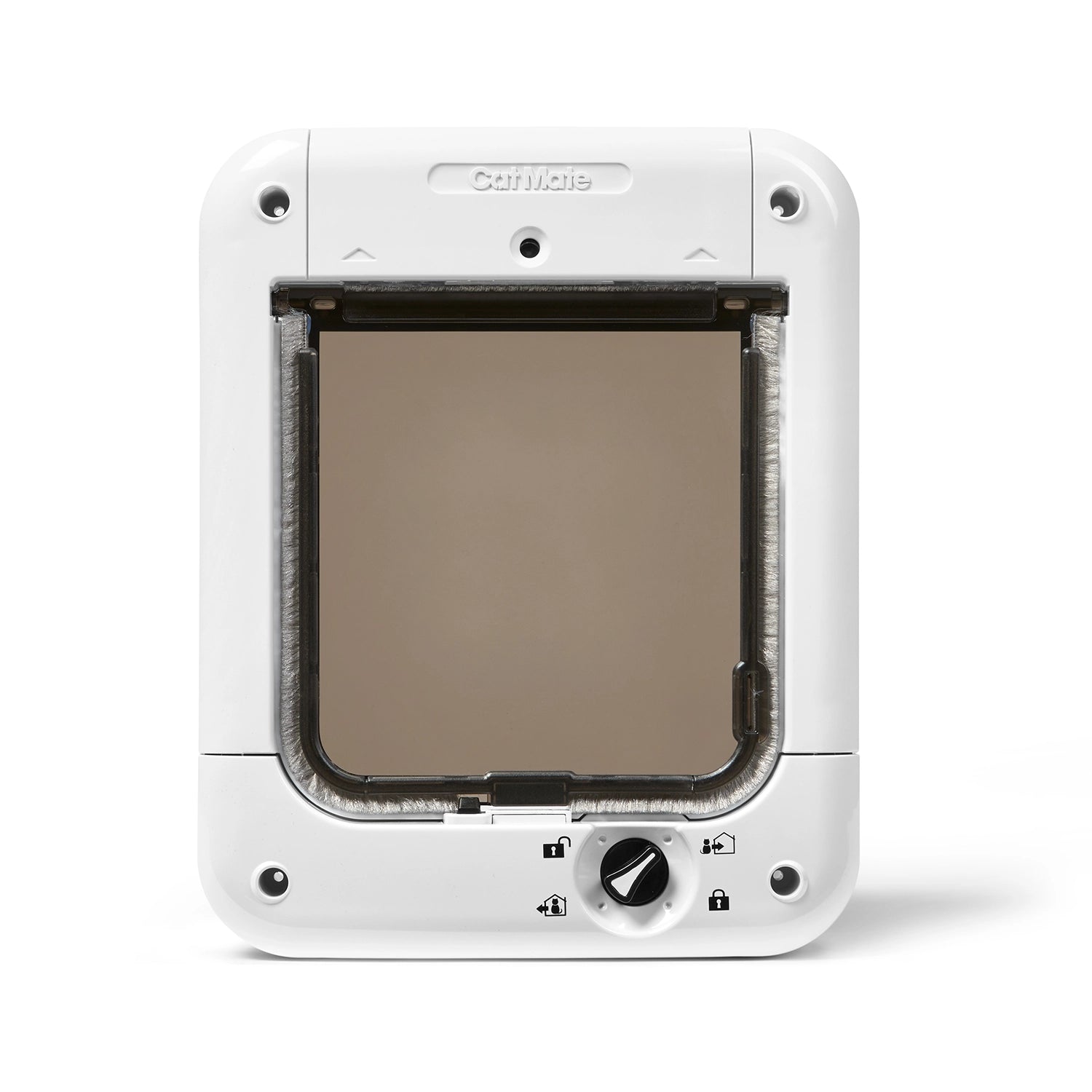 A white Cat Mate pet door for cats with a clear flap on a white background