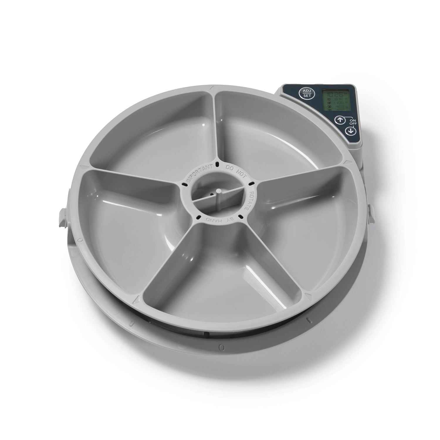 Grey pet food dispenser with digital display on a white background