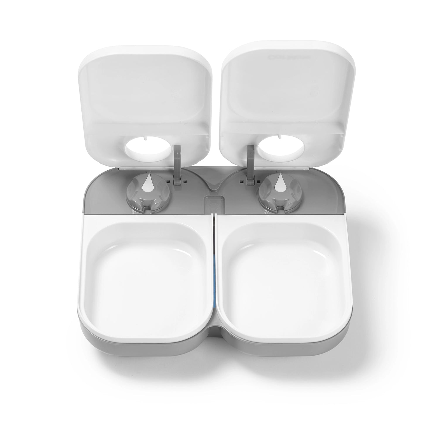 White and grey automatic pet feeder with open lids on a white background
