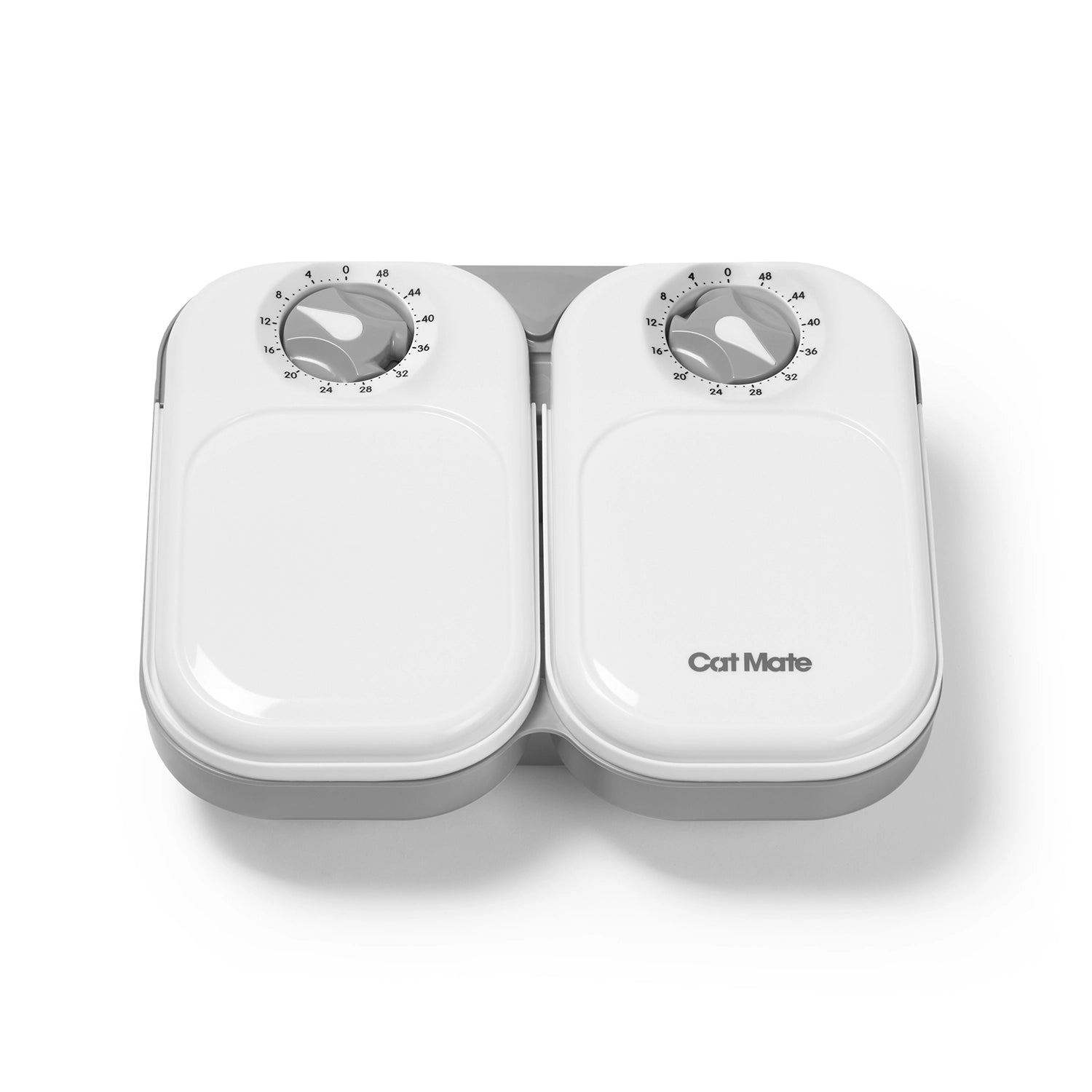White two meal pet feeder with 'Cat Mate' branding in grey on a white background