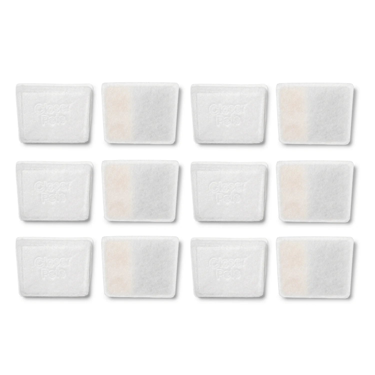 An overhead view of the pack of twelve white plastic-free filter cartridges for the Cat Mate ceramic fountain in the shape of a grid on a white background