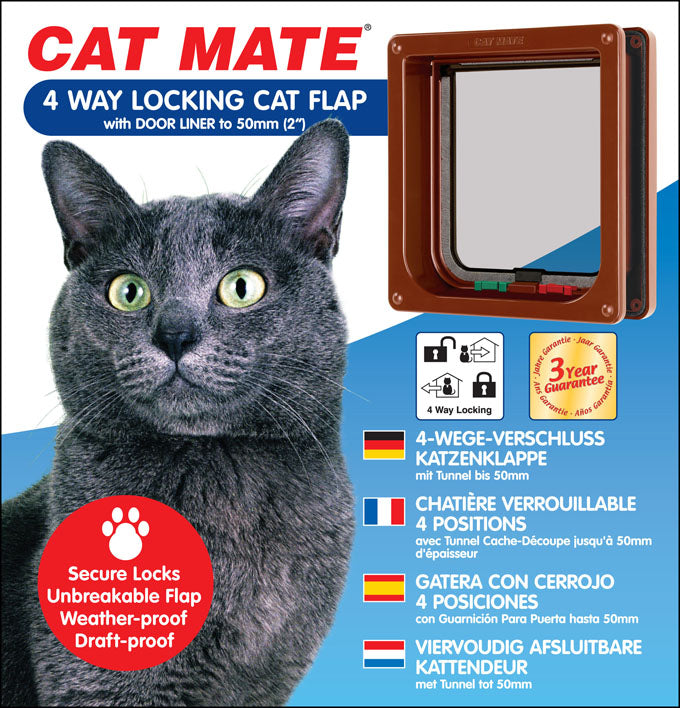 4-Way-Locking Cat Flap with Liner to 50mm (2 inches) – Brown (235B)